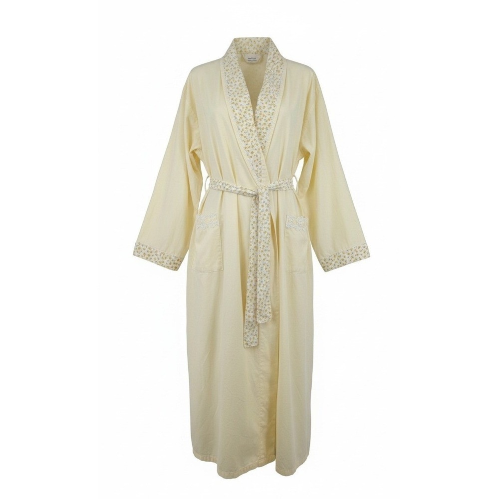 Secret Treasures Robe XL Pale Yellow Gingham Floral Lace Trim Long Cottagecore
